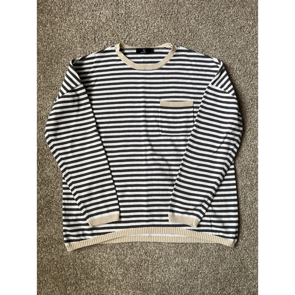 Lillusory Striped Knit‎ Sweater L Brown White Crewneck Pocket Slouchy Coastal
